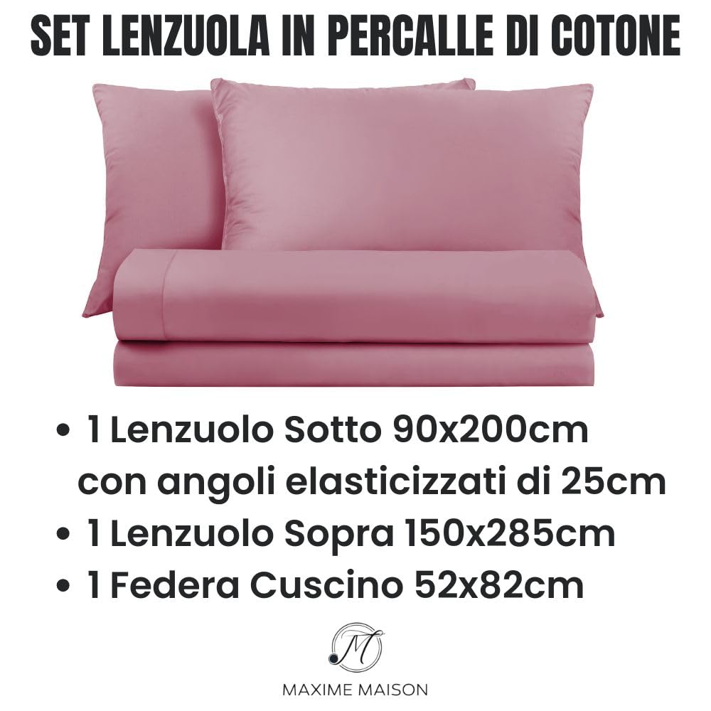 Lenzuola Percalle Made in Italy, Completo Letto Realizzato in Cotone Pregiato a Trama Fitta, Biancheria da Letto Certificata Oeko Tex Standard 100