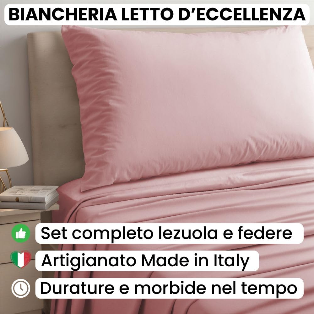 Lenzuola Percalle Made in Italy, Completo Letto Realizzato in Cotone Pregiato a Trama Fitta, Biancheria da Letto Certificata Oeko Tex Standard 100