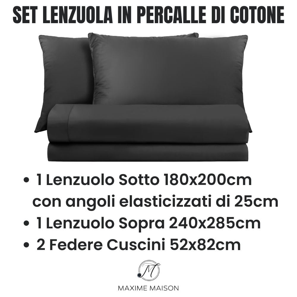 Lenzuola Percalle Made in Italy, Completo Letto Realizzato in Cotone Pregiato a Trama Fitta, Biancheria da Letto Certificata Oeko Tex Standard 100