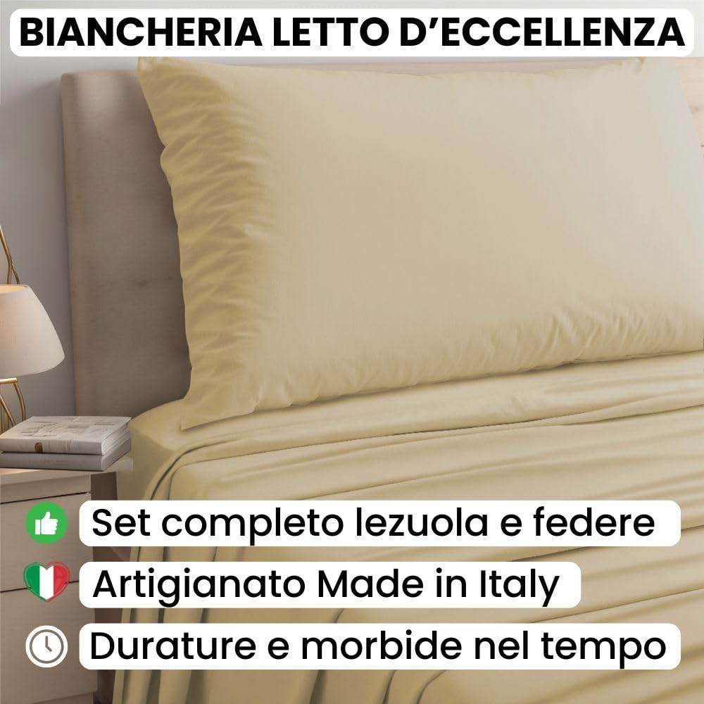 Lenzuola Percalle Made in Italy, Completo Letto Realizzato in Cotone Pregiato a Trama Fitta, Biancheria da Letto Certificata Oeko Tex Standard 100