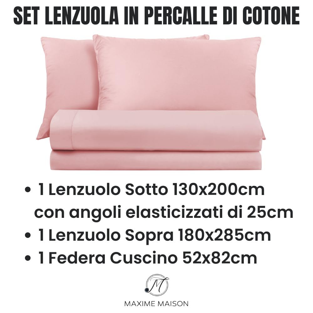 Lenzuola Percalle Made in Italy, Completo Letto Realizzato in Cotone Pregiato a Trama Fitta, Biancheria da Letto Certificata Oeko Tex Standard 100