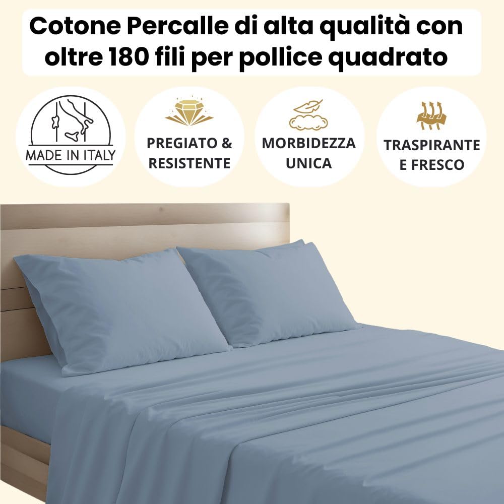 Lenzuola Percalle Made in Italy, Completo Letto Realizzato in Cotone Pregiato a Trama Fitta, Biancheria da Letto Certificata Oeko Tex Standard 100