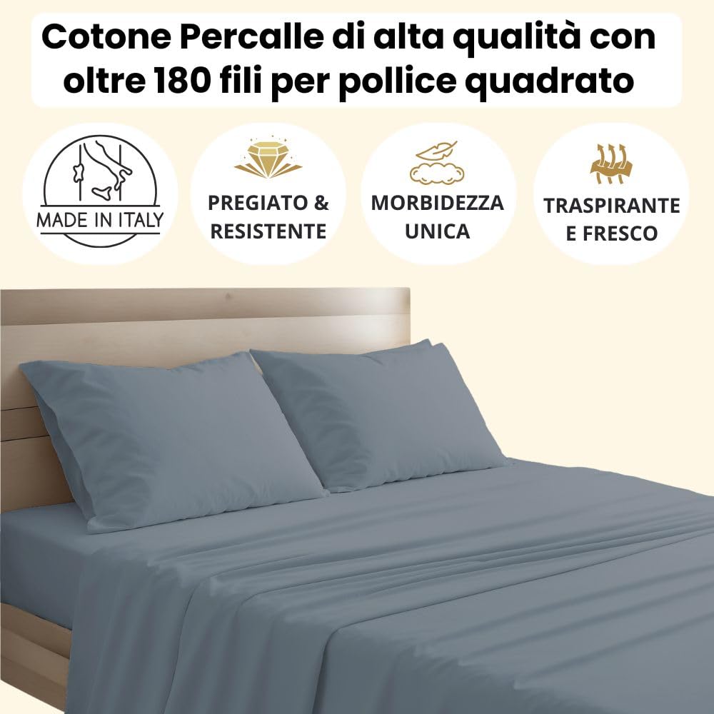 Lenzuola Percalle Made in Italy, Completo Letto Realizzato in Cotone Pregiato a Trama Fitta, Biancheria da Letto Certificata Oeko Tex Standard 100