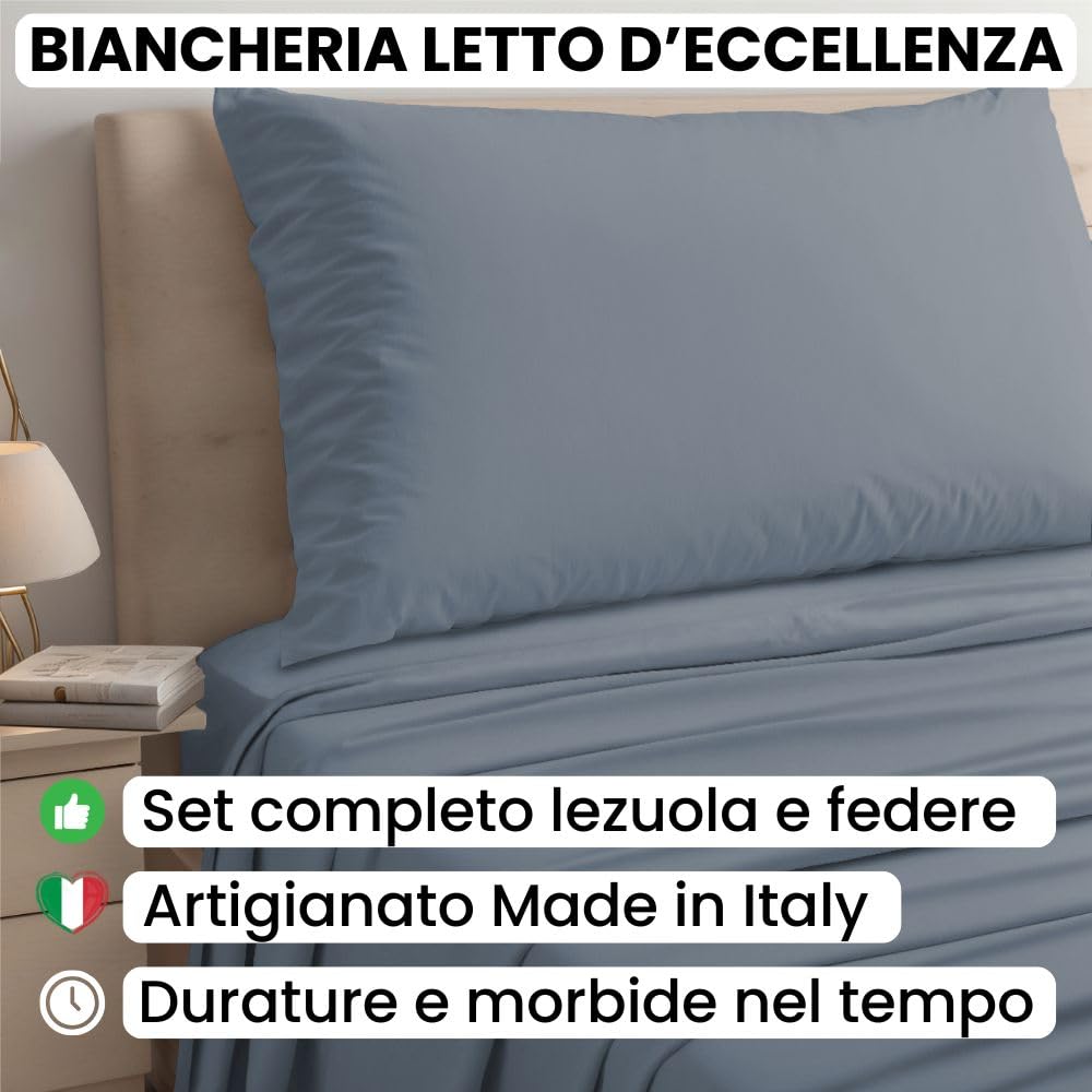 Lenzuola Percalle Made in Italy, Completo Letto Realizzato in Cotone Pregiato a Trama Fitta, Biancheria da Letto Certificata Oeko Tex Standard 100