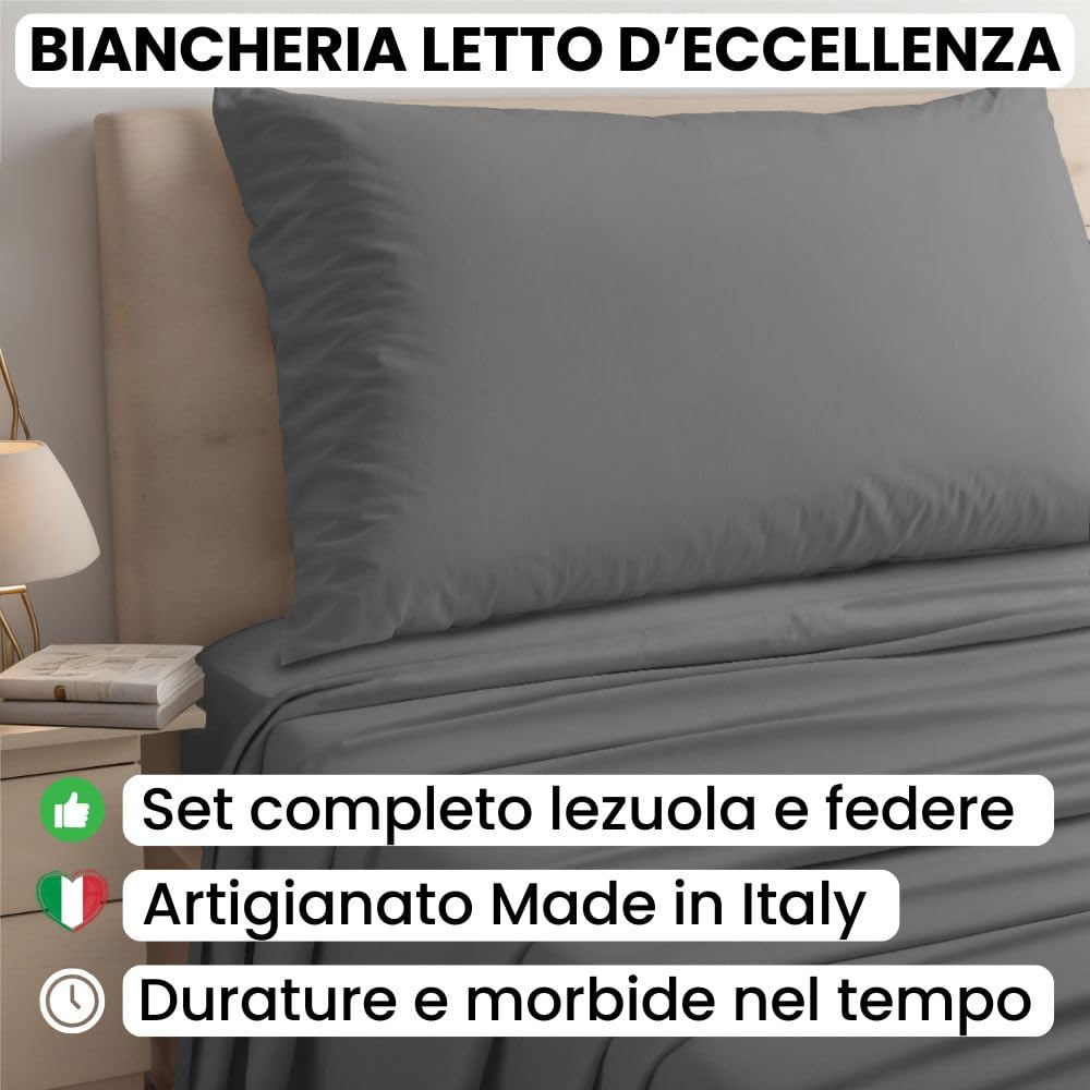 Lenzuola Percalle Made in Italy, Completo Letto Realizzato in Cotone Pregiato a Trama Fitta, Biancheria da Letto Certificata Oeko Tex Standard 100