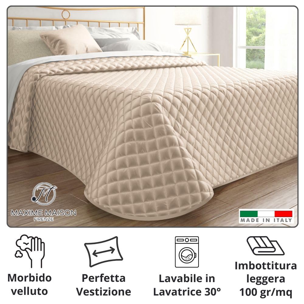 Trapunta Primaverile Autunnale Trapuntata in Morbido Velluto Elegante, Copriletto Leggero Made in Italy, Sensazione di Vero Lusso al Tatto