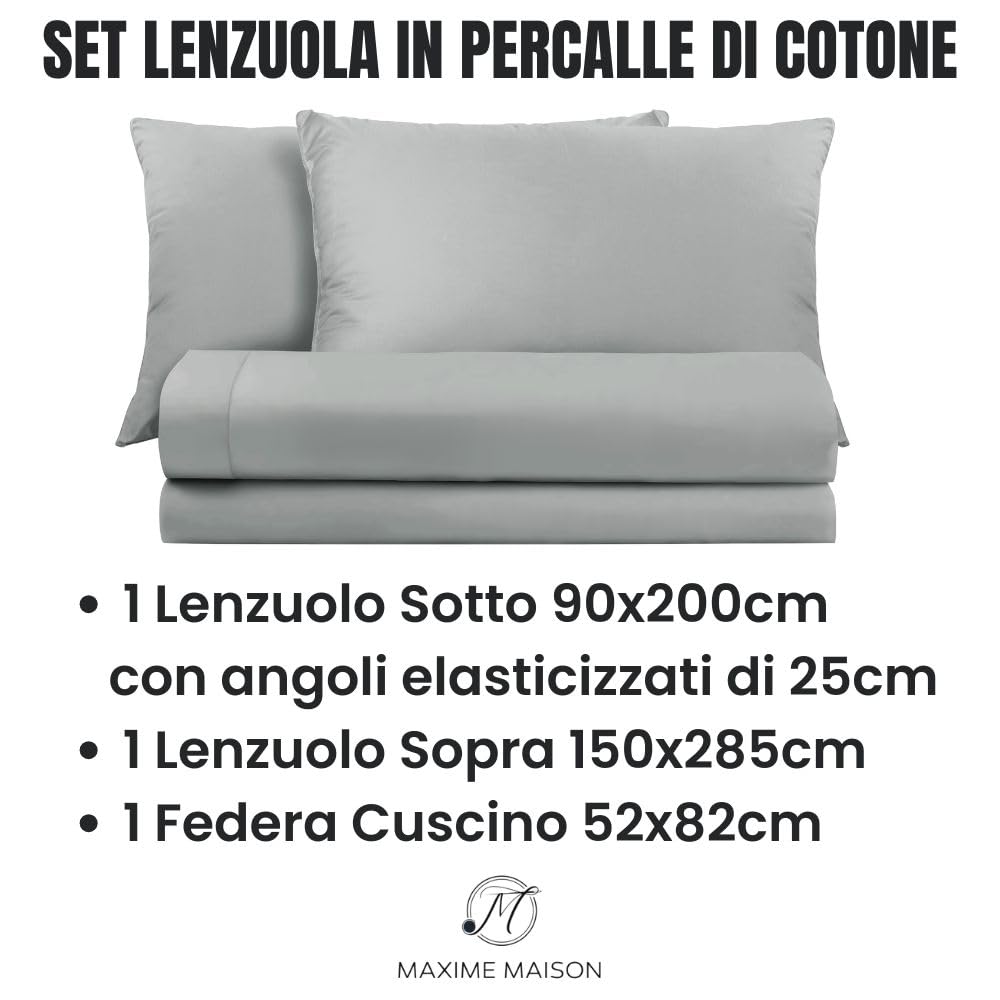 Lenzuola Percalle Made in Italy, Completo Letto Realizzato in Cotone Pregiato a Trama Fitta, Biancheria da Letto Certificata Oeko Tex Standard 100