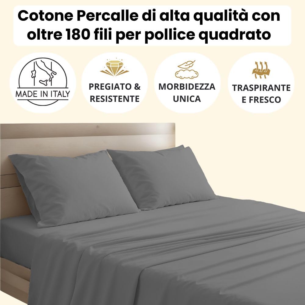 Lenzuola Percalle Made in Italy, Completo Letto Realizzato in Cotone Pregiato a Trama Fitta, Biancheria da Letto Certificata Oeko Tex Standard 100