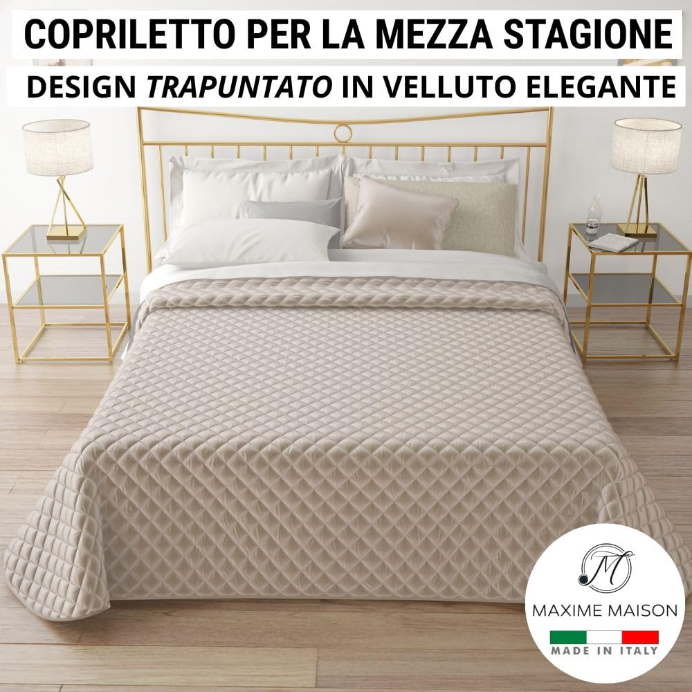 Trapunta Primaverile Autunnale Trapuntata in Morbido Velluto Elegante, Copriletto Leggero Made in Italy, Sensazione di Vero Lusso al Tatto
