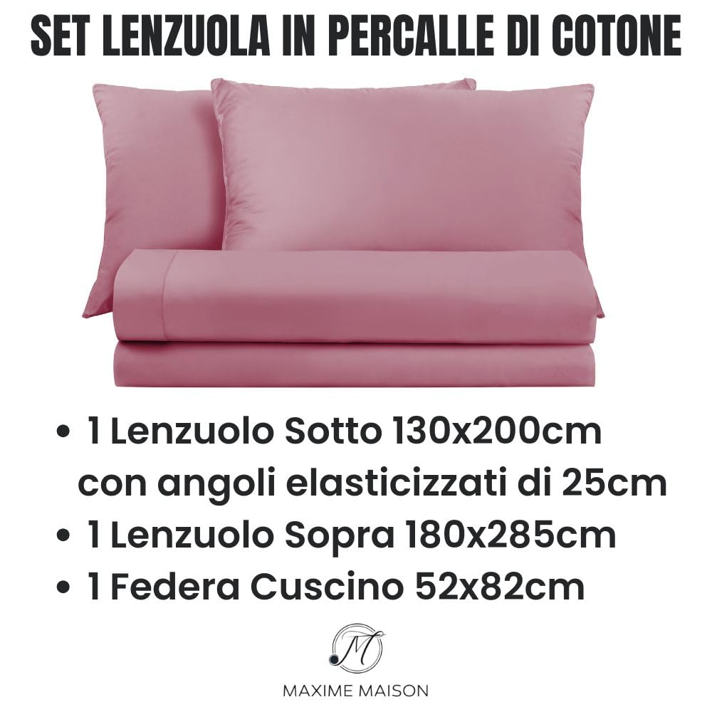 Lenzuola Percalle Made in Italy, Completo Letto Realizzato in Cotone Pregiato a Trama Fitta, Biancheria da Letto Certificata Oeko Tex Standard 100