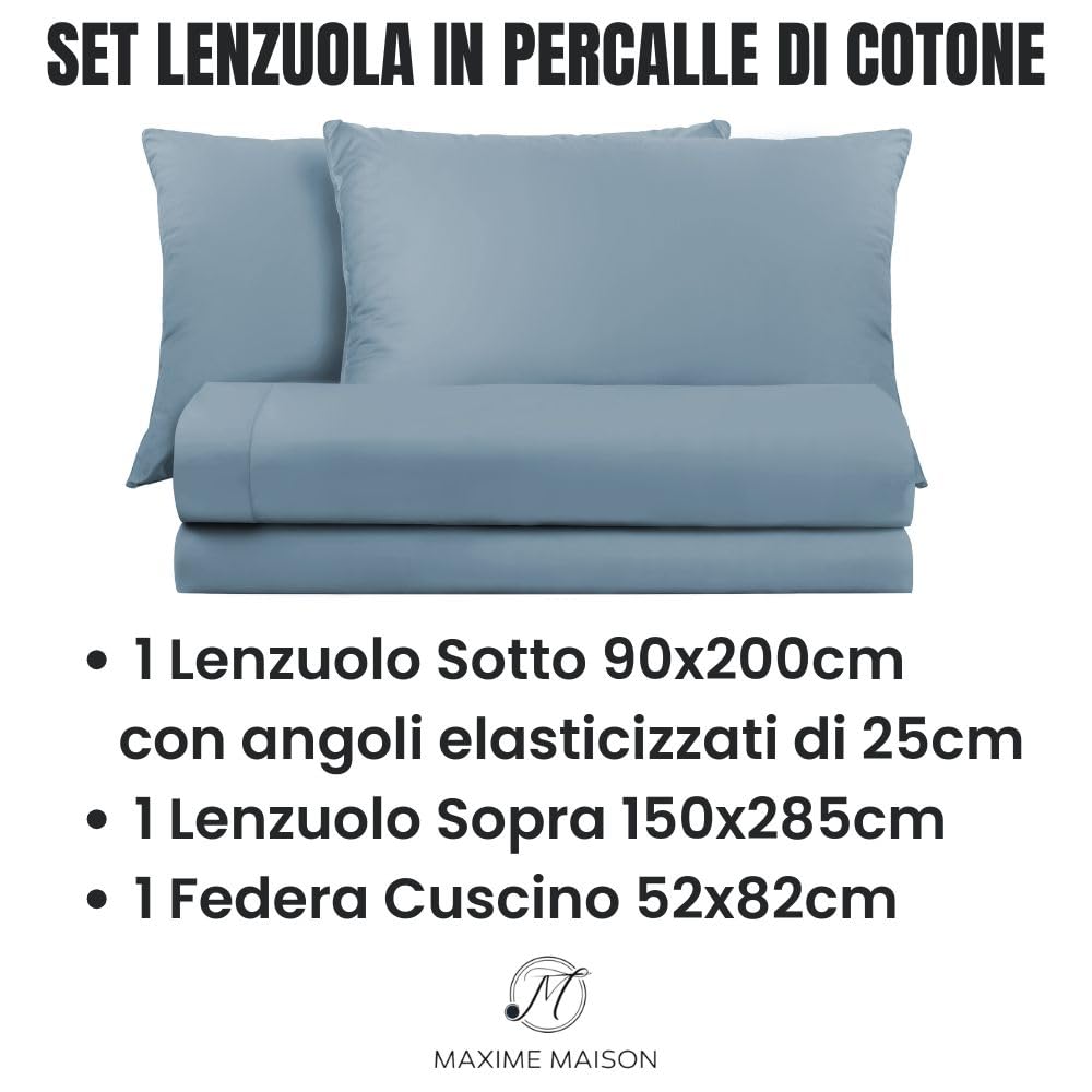 Lenzuola Percalle Made in Italy, Completo Letto Realizzato in Cotone Pregiato a Trama Fitta, Biancheria da Letto Certificata Oeko Tex Standard 100