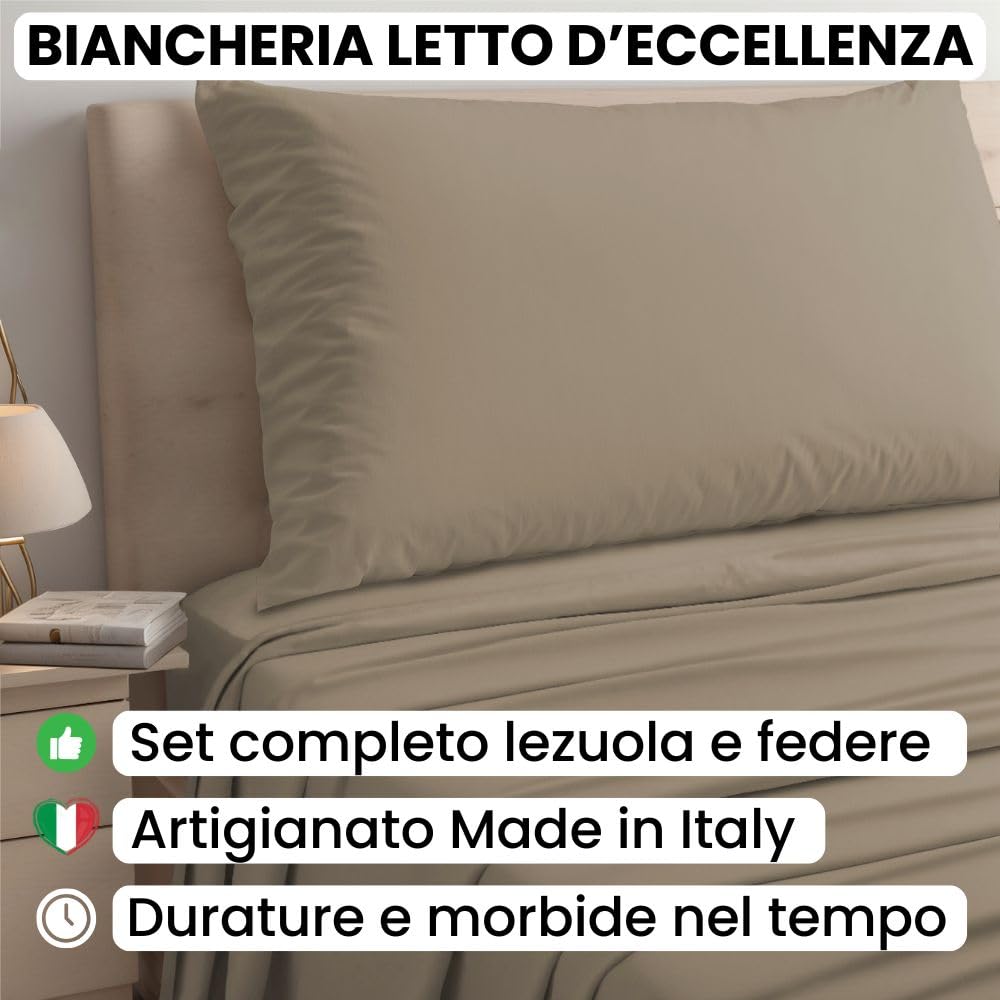 Lenzuola Percalle Made in Italy, Completo Letto Realizzato in Cotone Pregiato a Trama Fitta, Biancheria da Letto Certificata Oeko Tex Standard 100