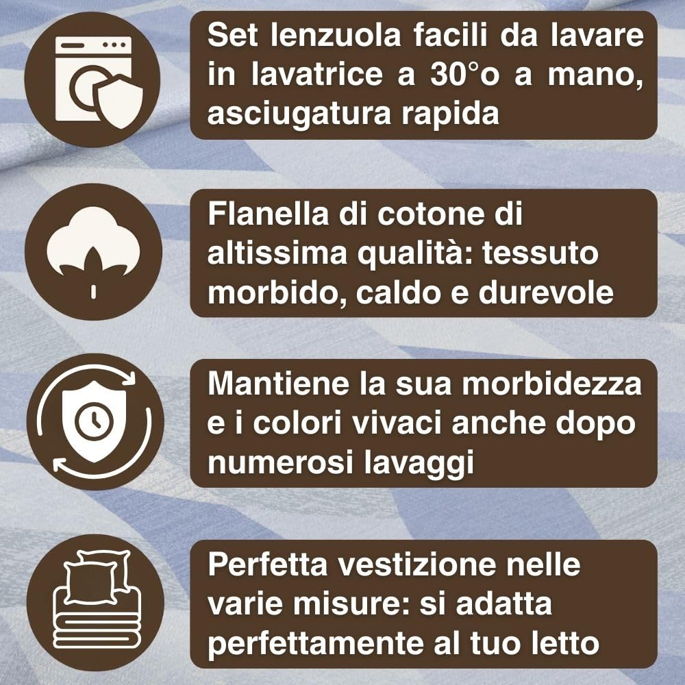 Completo Lenzuola Flanella in Cotone Stampate - Invernali con Fantasia Elegante
