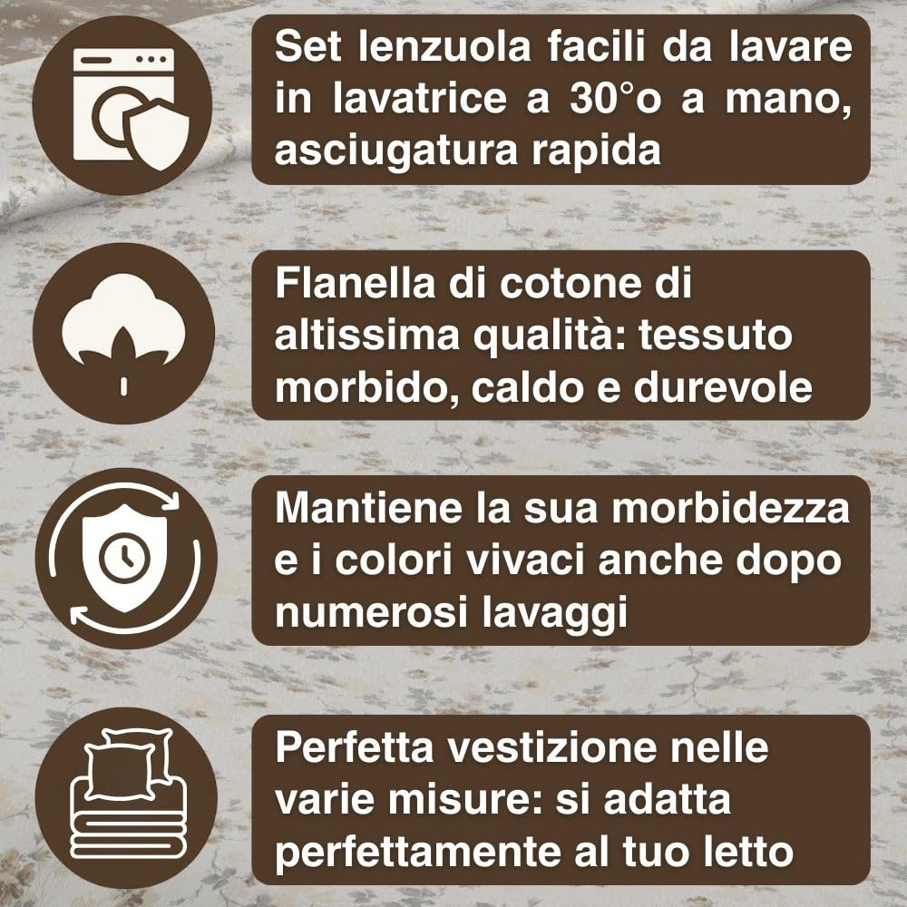 Completo Lenzuola Flanella in Cotone Stampate - Invernali con Fantasia Elegante
